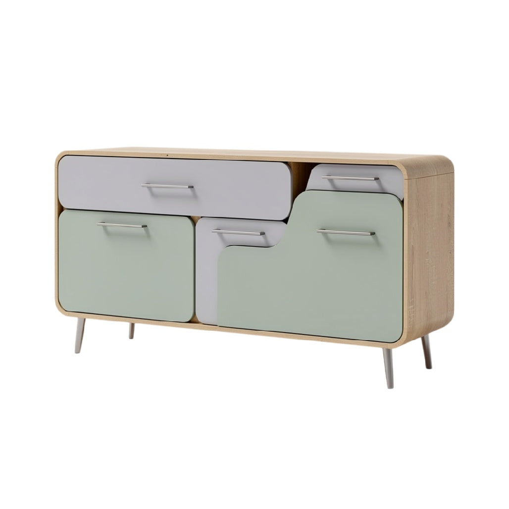 **Meuble de rangement moderne en bois avec portes couleur pastel**