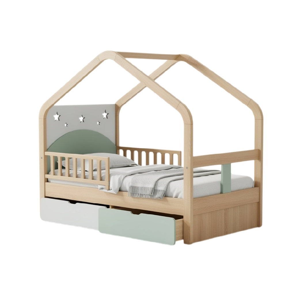 **Lit enfant en bois avec structure de maison et rangement intégré**